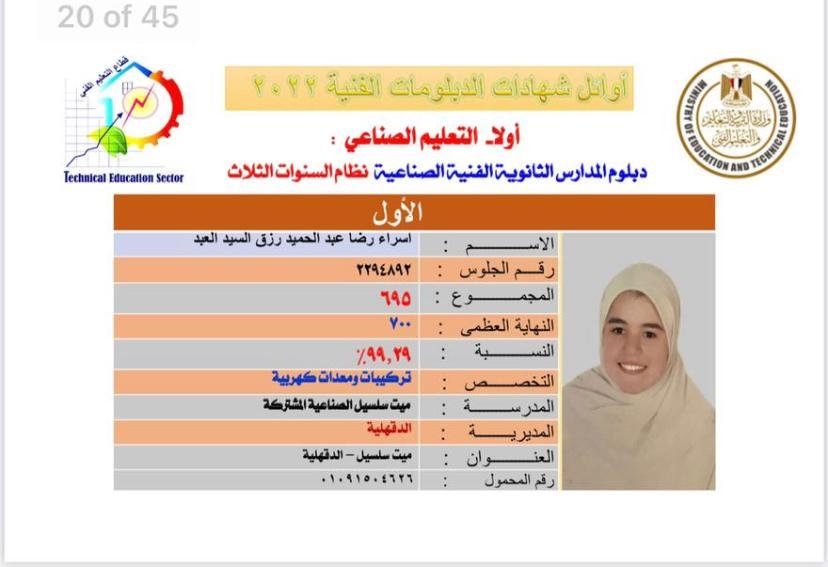 الطالب المتفوق إسراء رضا عبد الحميد رزق - لوحة شرف ميت سلسيل الصناعية
